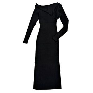 Women’s Black Ribbed Knit Dress S – Asymmetrical Neck Long Sleeve Casual Chic.